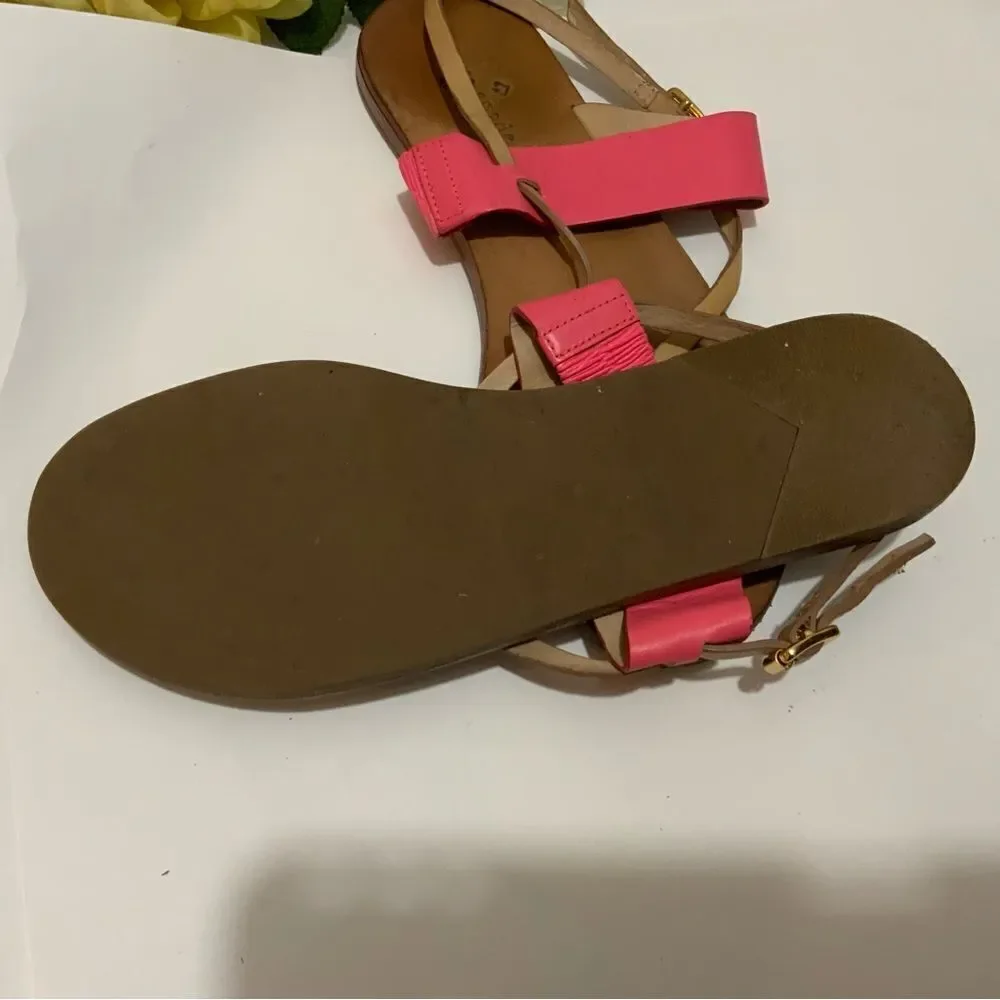 Kate Spade NY Sz 7 M Ashley Coral Leather Toe Ring Back Strap Flat Sandal
